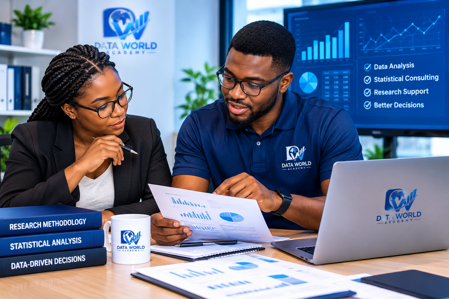 Researcher reviewing statistical analysis with a consultant
